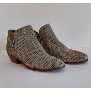 Sam Edelman Sz 7.5 Taupe Beige Suede Perforated Low Heel Paula Booties w/Buckle